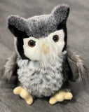 11-inch gray and white horned owl plush sitting upright, realistic soft feathers, weighted at 2 lbs.