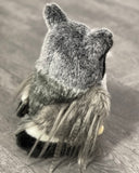 Back view of gray horned owl plush with soft feathered wings and tufted ‘horns’, 11-inch, weighted at 2lbs.