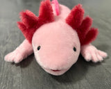 Pink axolotl plush—front close-up showing cute frills and soft face