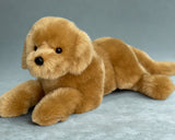 31-inch weighted golden retriever plush in a floppy lay-down pose on gray backdrop