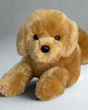 Weighted golden retriever plush—face close-up showing soft golden coat
