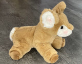 Side view of ultra-soft weighted deer/  fawn plush, 13 inches, with rosy cheeks and tiny antler nubs.