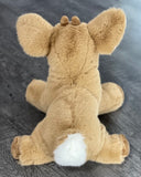 Rear view showing white tail and plush tan fur of weighted deer fawn stuffed animal.