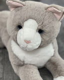 Weighted gray and white cat plush—soft fur and pink nose close-up