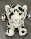 Front view with paws forward of 13-inch weighted snow leopard cub; plush rosettes and sweet face; fixed 2-lb weight.