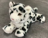 3-inch weighted snow leopard cub plush lying down; white coat with charcoal rosettes; calming 2-lb stuffed animal.
