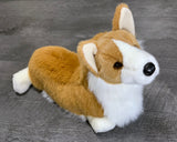 Front/side view of weighted Corgi plush in low-profile pose; tan and white coat, perky ears; 20-inch calming plush.