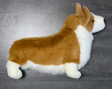 Side profile of weighted Corgi plush, tan and white coat with big ears; 20-inch calming stuffed dog.