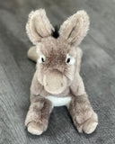 Front view of 18-inch weighted donkey plush; baby-soft gray fur, long floppy ears, white muzzle; calming stuffed animal up to 4 lbs.