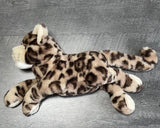 Side angle of silky weighted leopard plush showing length and tail; soft paws and gentle face for soothing cuddles.