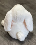 Back view of weighted white rabbit plush showing floppy ears and round tail, comfort bunny for sensory input.