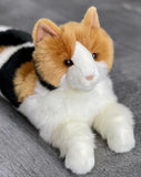 Weighted calico cat plush, 19 inches, realistic cuddly therapy cat lying with white, orange, and black fur.
