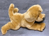 Side profile of 23-inch weighted Golden Retriever plush in relaxed pose; fluffy tail up, thick plush fur; up to 9 lb with glass microbeads.