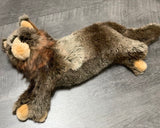 weighted Maine Coon cat stuffed animal laying on it's side showing plush long-pile fur, 20-inch size, 4lbs.