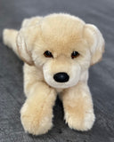 Realistic weighted Yellow Lab plush lying down; soft beige coat, black nose, soft brown eyes, and jowls; 19-inch calming stuffed dog.