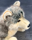 Close side angle highlighting face, ears, and thick faux-fur ruff of weighted wolf plush with  realistic looking features.