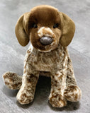 15-inch weighted German Pointer plush with speckled brown coat and floppy ears, sitting on gray wood background