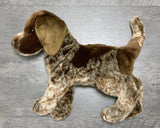 Weighted German Pointer dog plush, speckled brown and cream, side view on gray surface