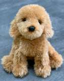 Weighted labradoodle dog plush—front portrait with fluffy tan coat and black nose