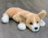 14-inch weighted corgi plush lying on its side, tan and white coat with big ears and white paws.