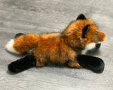 Side profile of 19-inch weighted red fox plush showing fluffy white-tipped tail and realistic tri-color coat in rust, black, and white.