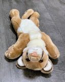 Mountain lion plush on its back highlighting white belly and soft paws; 20-inch weighted stuffed animal with even pressure.