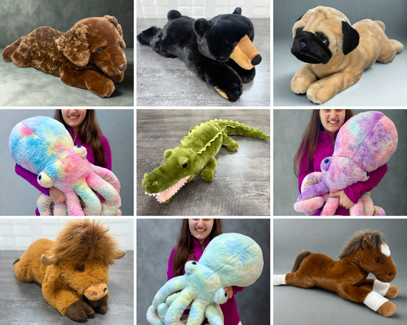 Collage image of new arrivals weighted animals by sensory soothers - dogs, alligator, horse, highland cow, black bear, octopuses