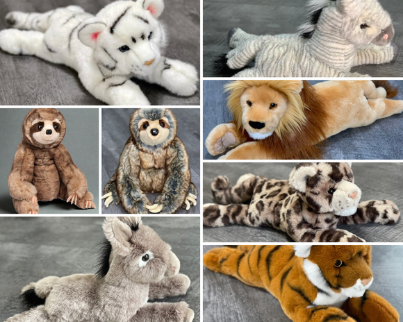 Collage of Jungle and Safari Weighted Stuffed Animals from Sensory Soothers in custom weights