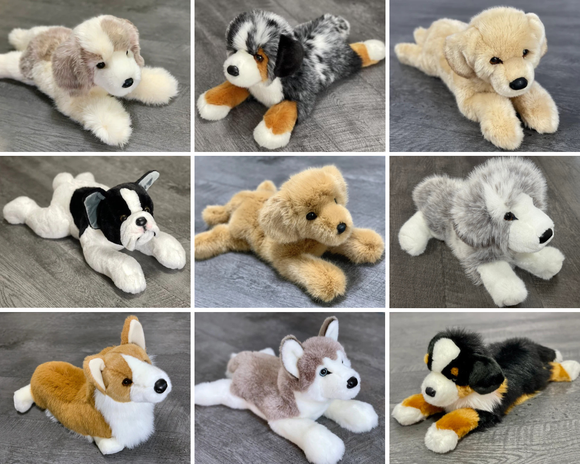 Collage of medium (4-7 lb) weighted dog plush toys from Sensory Soothers