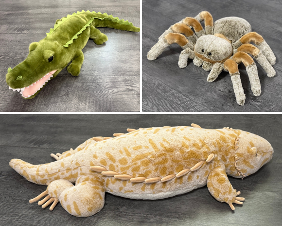 Collage of Weighted Spider, alligator, bearded dragon - komodo dragon weighted plush by Sensory Soothers (2-4lbs)