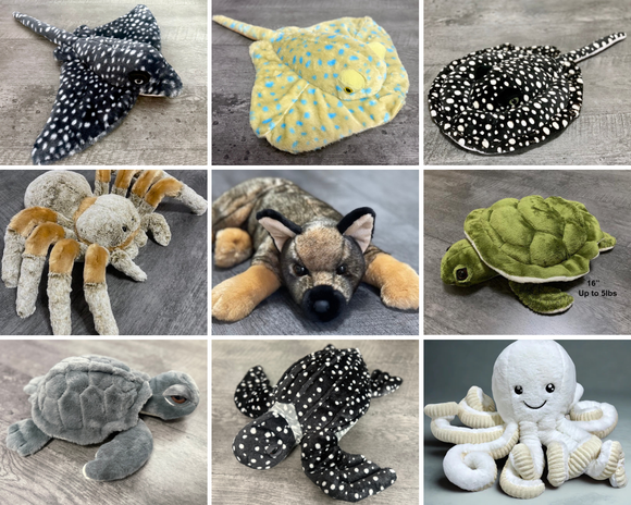 Collage of Compact weighted plush for travel: low-profile sea turtles and stingrays (up to 7 lb), small dog, fidget-friendly octopus and spider—ultra-soft, chest/shoulder calm.