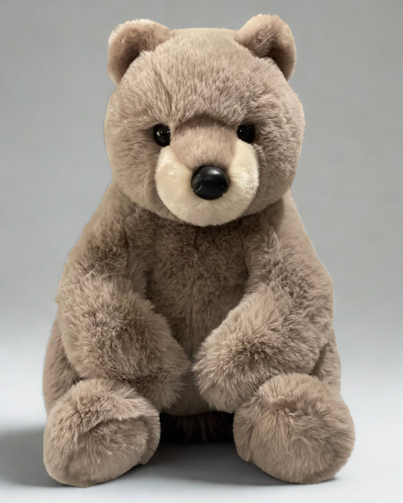 Grayish-brown weighted bear sitting upright, 19 inches tall, ultra-soft plush with round belly.