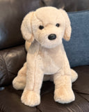 Front view of weighted labrador plush with floppy ears and gentle expression