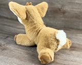 Back view of weighted fawn plush showing fluffy white tail and full-body weighted design