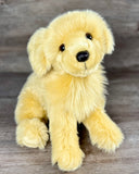 Front sitting upright view of a handmade weighted Golden Retriever puppy plush with realistic expression and ultra-soft premium fur.