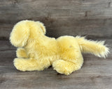 Rear view of a weighted Golden Retriever stuffed animal showing thick premium faux fur and fluffy tail.