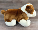 Side view of a 4 lb weighted bulldog stuffed animal with premium thick faux fur and floppy body