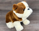Brown and white 4 lb weighted bulldog plush with ultra-soft premium thick faux fur