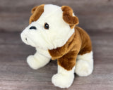 Profile of a weighted bulldog stuffed animal with premium thick faux fur and realistic bulldog features