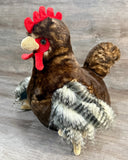 Weighted rooster plush sitting with realistic gray feathered wings, hand weighted up to 9 lbs.