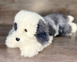 Black and white weighted Sheepadoodle stuffed dog, angled front view
