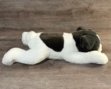 Side laying view of Weighted French Bulldog plush 22 inches with ultra-soft black and white fur and 7 lb weighting