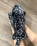 Two hangs holding a rolled up weighted black and white stingray plush showing it's small portable size for calming comfort on-the-go.