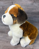 Side view of 15-inch weighted St. Bernard stuffed animal in a sitting pose with thick plush soft fur.