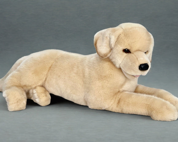 35-inch weighted yellow lab plush, cream coat, lay-down pose on gray background