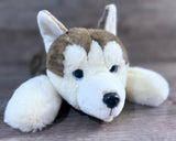 Brown and white weighted Husky plush with blue eyes and large white paws, angled front view