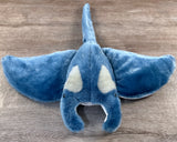 Top view of 24-inch blue weighted manta ray stingray plush with outstretched wings and curved head fins.