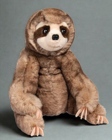 11-inch sitting weighted sloth plush with silky brown fur and cream face; 3 lb glass microbeads with body and head casing for calming shoulder hugs.