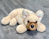 Tan and brown French bulldog weighted stuffed animal in a floppy laying position, for autism, anxiety, ADHD, Alzheimers, Sensory soothers.