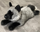 Realistic fluffy gray fox weighted stuffed animal with soft white belly and black paws. Soothes anxiety, autism, ADHD, PTSD